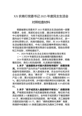 XX农商行党委书记2025年度民主生活会对照检查材料