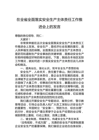 在全省全面落实安全生产主体责任工作推进会上的发言