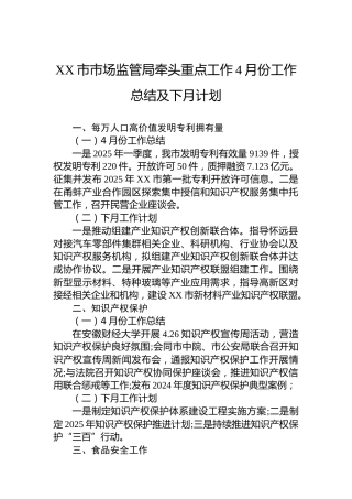 XX市市场监管局牵头重点工作4月份工作总结及下月计划