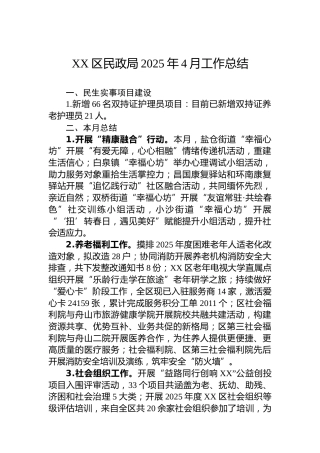 XX区民政局2025年4月工作总结