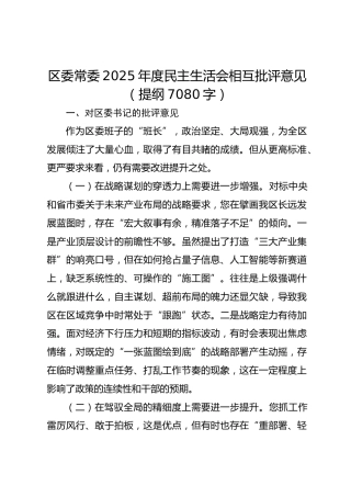 区委常委2025年度民主生活会相互批评意见（提纲 7080字）