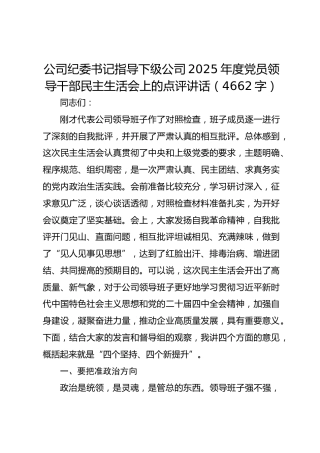 国企纪委书记指导下级公司2025年度党员领导干部民主生活会上的点评讲话
