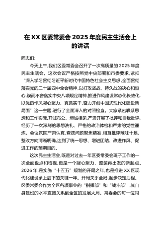 在XX区委常委会2025年度民主生活会上的讲话