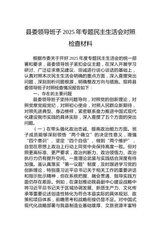 县委领导班子2025年专题民主生活会对照检查材料