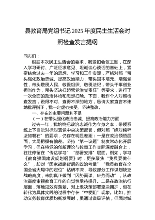 县教育局党组书记2025年度民主生活会对照检查发言提纲
