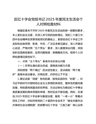 区红十字会党组书记2025年度民主生活会个人对照检查材料（五个带头+典型案例剖析）