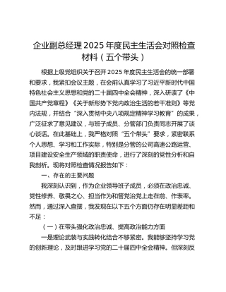 企业副总经理2025年度民主生活会对照检查材料（五个带头）