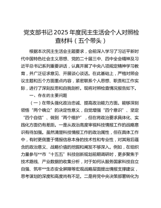 党支部书记2025年度民主生活会个人对照检查材料（五个带头）