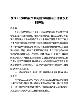 在XX公司项目欠薪问题专项整治工作会议上的讲话