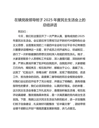在镇党政领导班子2025年度民主生活会上的总结讲话