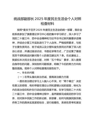 统战部副部长2025年度民主生活会个人对照检查材料（五个带头+典型案例剖析）