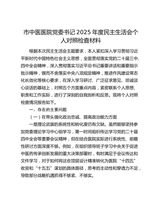 市中医医院党委书记2025年度民主生活会个人对照检查材料（五个带头）