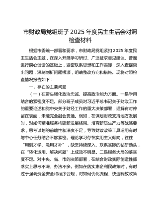 市财政局党组班子2025年度民主生活会对照检查材料（五个带头+意识形态+违规吃喝）