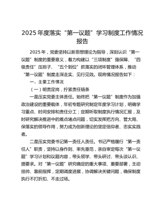 2025年度落实“第一议题”学习制度工作情况报告