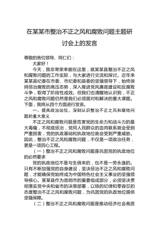 在某某市整治不正之风和腐败问题主题研讨会上的发言