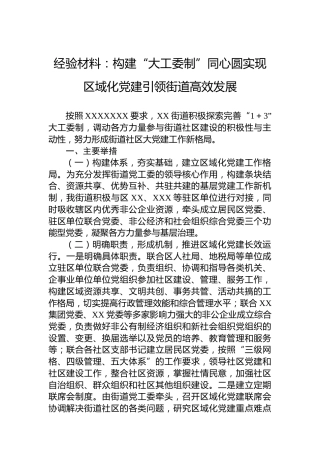 经验材料：构建“大工委制”同心圆实现区域化党建引领街道高效发展