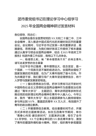 团市委党组书记在理论学习中心组学习2025年全国两会精神研讨发言材料