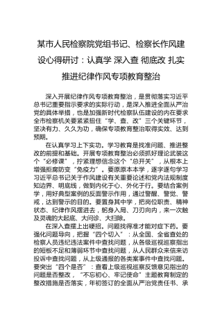 某市人民检察院党组书记、检察长作风建设心得研讨：认真学深入查彻底改扎实推进纪律作风专项教育整治