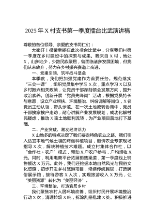 2025年X村支书第一季度擂台比武演讲稿