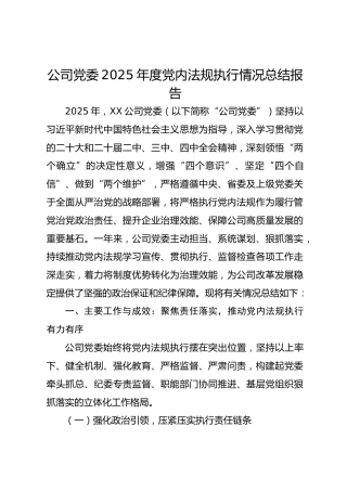 公司党委2025年度党内法规执行情况总结报告