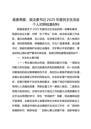 政法委书记2025年度民主生活会个人对照检查材料
