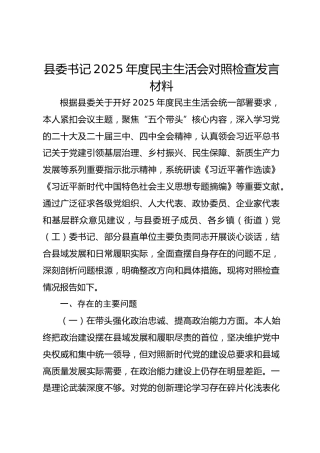 县委书记2025年度民主生活会对照检查发言材料