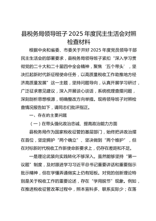 县税务领导班子2025年度民主生活会对照检查材料
