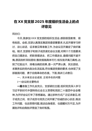 在XX党支部2025年度组织生活会上的点评意见