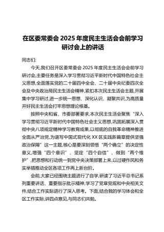 在区委常委会2025年度民主生活会会前学习研讨会上的讲话