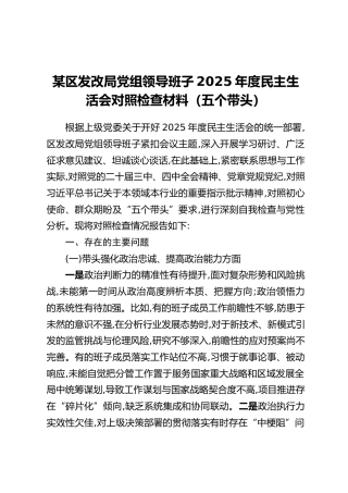 某区发改局党组领导班子2025年度民主生活会对照检查材料（五个带头）