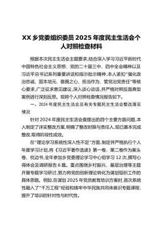XX乡党委组织委员2025年度民主生活会个人对照检查材料