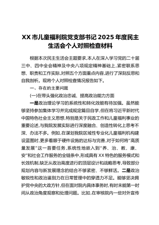 XX市儿童福利院党支部书记2025年度民主生活会个人对照检查材料