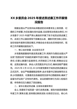 XX乡委员会2025年度述责述廉工作开展情况报告