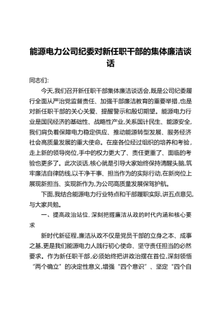 能源电力公司纪委对新任职干部的集体廉洁谈话