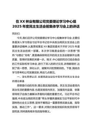 在XX林业有限公司党委理论学习中心组2025年度民主生活会前集体学习会上的讲话