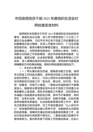 市民政局党员干部2025年度组织生活会对照检查发言材料