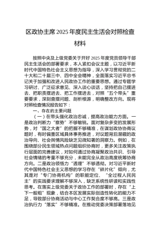 区政协主席2025年度民主生活会对照检查材料