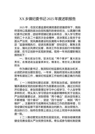 XX乡镇纪委书记2025年度述职报告
