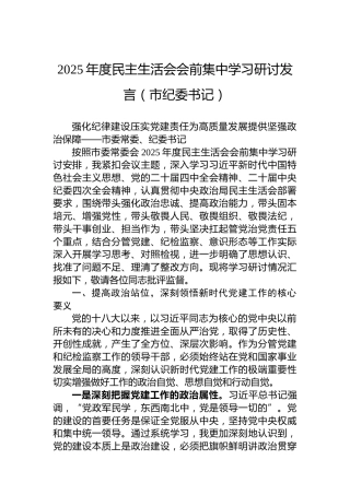 2025年度民主生活会会前集中学习研讨发言（市纪委书记）