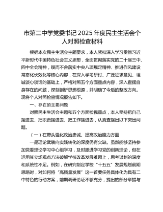 市第二中学党委书记2025年度民主生活会个人对照检查材料