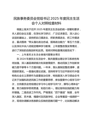 民族事务委员会党组书记2025年度民主生活会个人对照检查材料