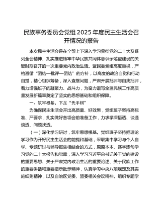 民族事务委员会党组2025年度民主生活会召开情况的报告