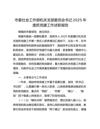 市委社会工作部机关支部委员会书记2025年度抓党建工作述职报告