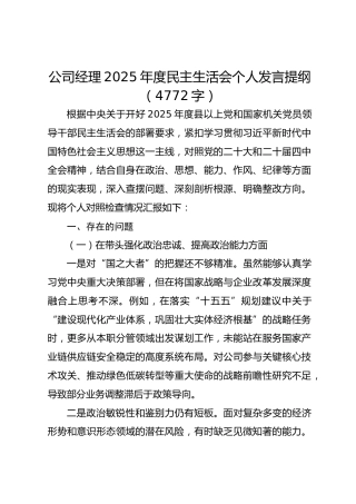 国企经理2025年度民主生活会个人发言提纲