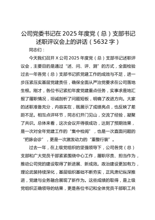 国企党委书记在2025年度党（总）支部书记述职评议会上的讲话
