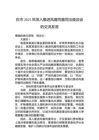 在市2025年深入推进风腐同查同治座谈会的交流发言