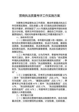 营商执法质量考评工作实施方案