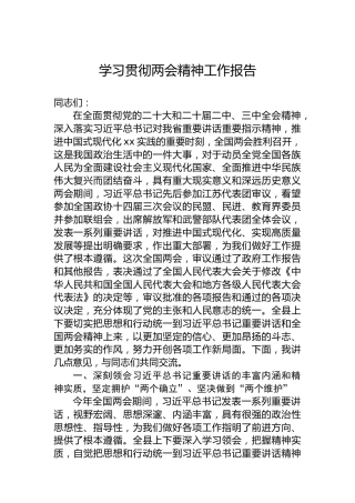 学习贯彻两会精神工作报告