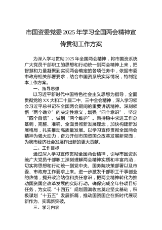 市国资委党委2025年学习全国两会精神宣传贯彻工作方案