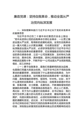 廉政党课：坚持自我革命，推动全面从严治党向纵深发展
